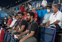 Sheikh Joaan attends Qatar's match against Italy in Men’s Olympic Beach Volleyball Tournament